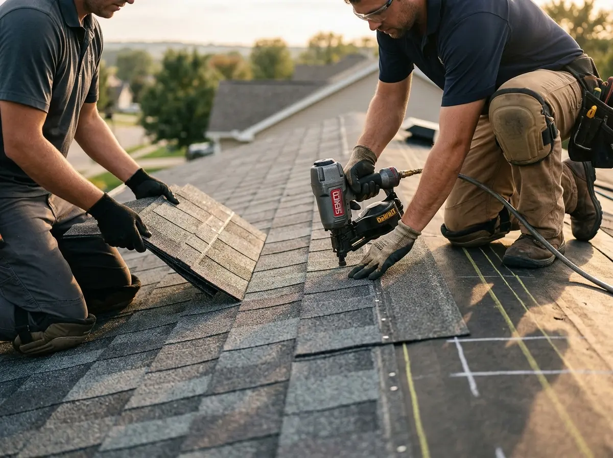 Professional roofer working on a residential roof in Hiram